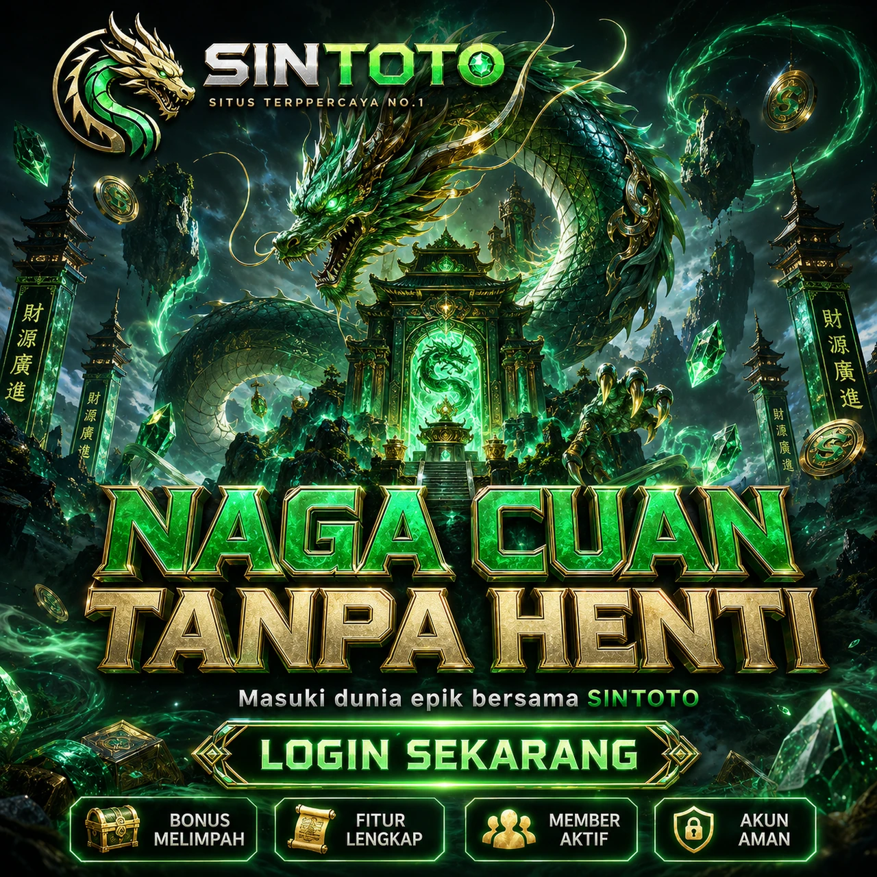 Banner SINTOTO dengan ilustrasi naga hijau dan emas